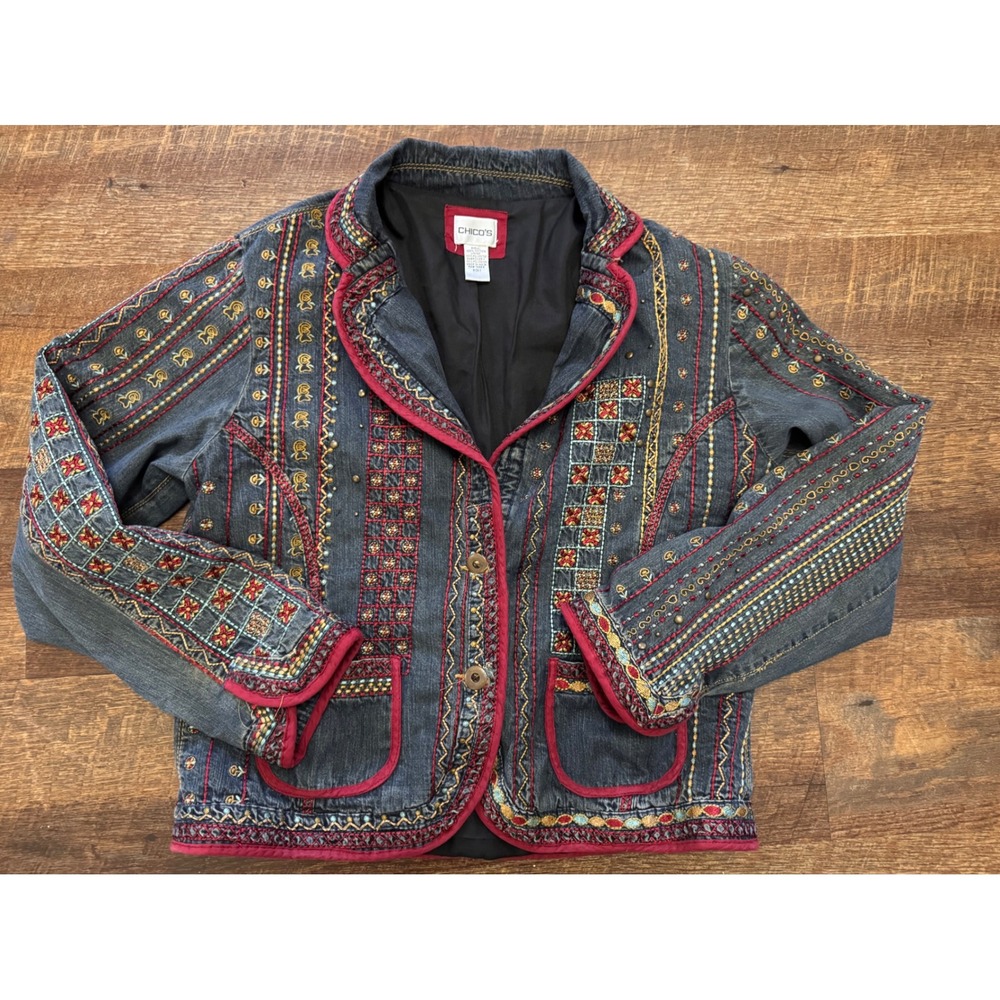 Vintage Chico's Embroidered Denim Jacket Size 1 M 8/10 Butterfly Boho Western